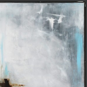 Nowoczesny obraz w neutralnej kolorystyce bieli, szarości z minimalnym akcentem błękitu i dla kontrastu brązu, detal