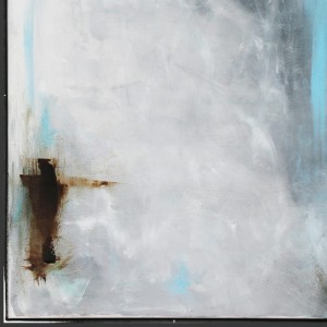 Nowoczesny obraz w neutralnej kolorystyce bieli, szarości z minimalnym akcentem błękitu i dla kontrastu brązu, detal