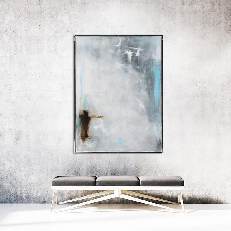 Nowoczesny obraz w neutralnej kolorystyce bieli, szarości z minimalnym akcentem błękitu i dla kontrastu brązu.