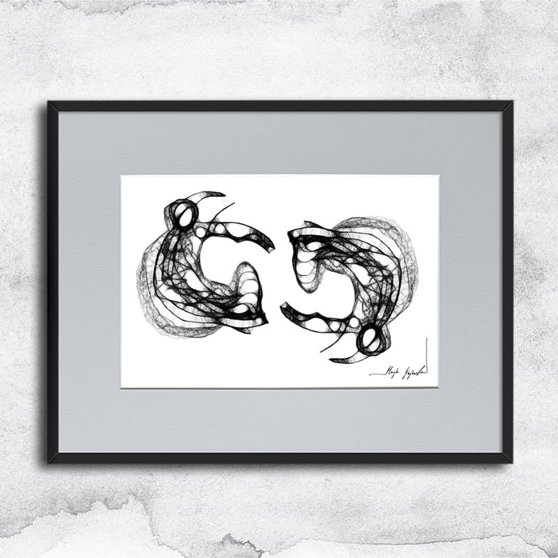 Autorska czarnobiała grafika - chabry nr 32, abstrakcja