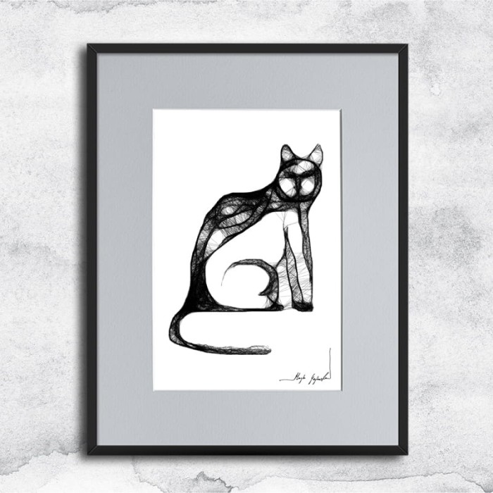 Autorska grafika nr 110 - Kot, oprawiona w czarną, aluminową ramę i grafitowe passe partout