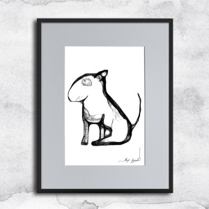 Autorska grafika nr 109 - Bulterier, oprawiona w czarną, aluminową ramę i grafitowe passe partout