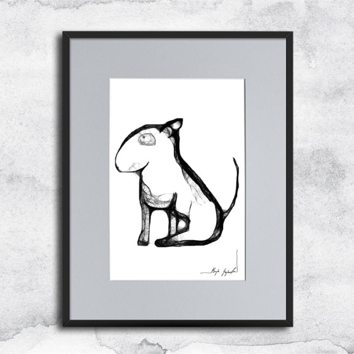 Autorska grafika nr 109 - Bulterier, oprawiona w czarną, aluminową ramę i grafitowe passe partout