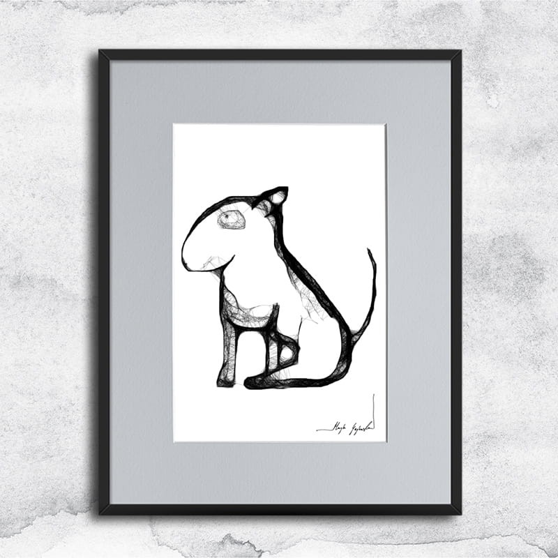 Autorska grafika nr 109 - Bulterier, oprawiona w czarną, aluminową ramę i grafitowe passe partout