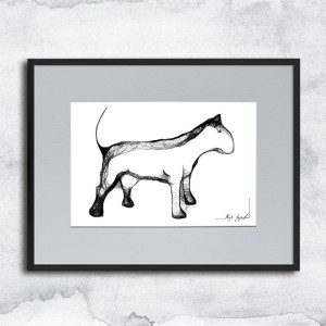 Autorska grafika nr 108 - Bulterier, oprawiona w czarną, aluminową ramę i grafitowe passe partout