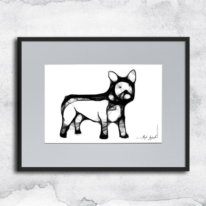 Autorska grafika nr 107 - buldożek, oprawiona w czarną, aluminową ramę i grafitowe passe partout