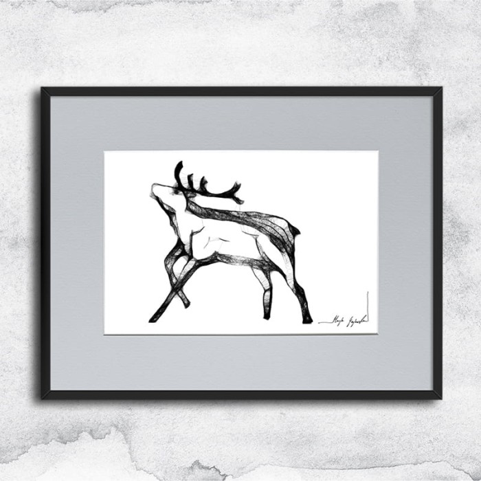 Autorska grafika nr 113 - jeleń, oprawiona w czarną, aluminową ramę i grafitowe passe partout
