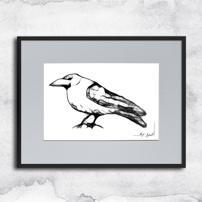 Autorska grafika nr 114 - kruk, oprawiona w czarną, aluminową ramę i grafitowe passe partout, dla miłośników ptaków
