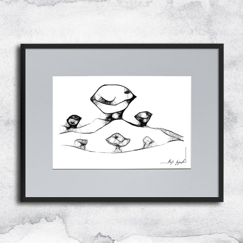 Autorska dziecięca grafika nr 5 - kurki, oprawiona w czarną, aluminową ramę i grafitowe passe partout