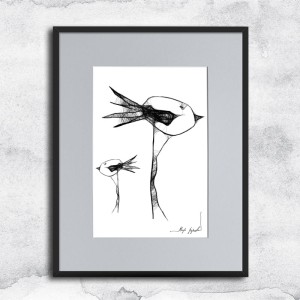 Autorska dziecięca grafika nr 18 szalone ptaszki, oprawiona w czarną, aluminową ramę i grafitowe passe partout