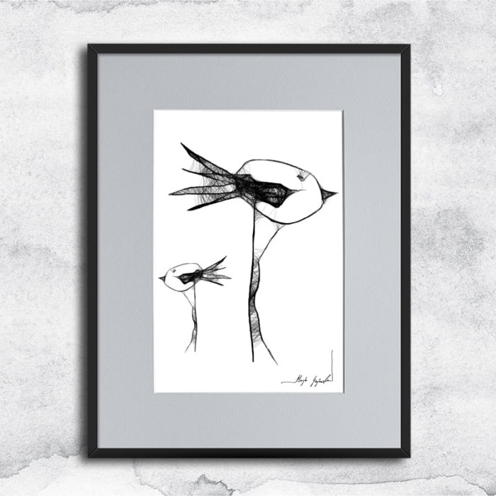 Autorska dziecięca grafika nr 18 szalone ptaszki, oprawiona w czarną, aluminową ramę i grafitowe passe partout