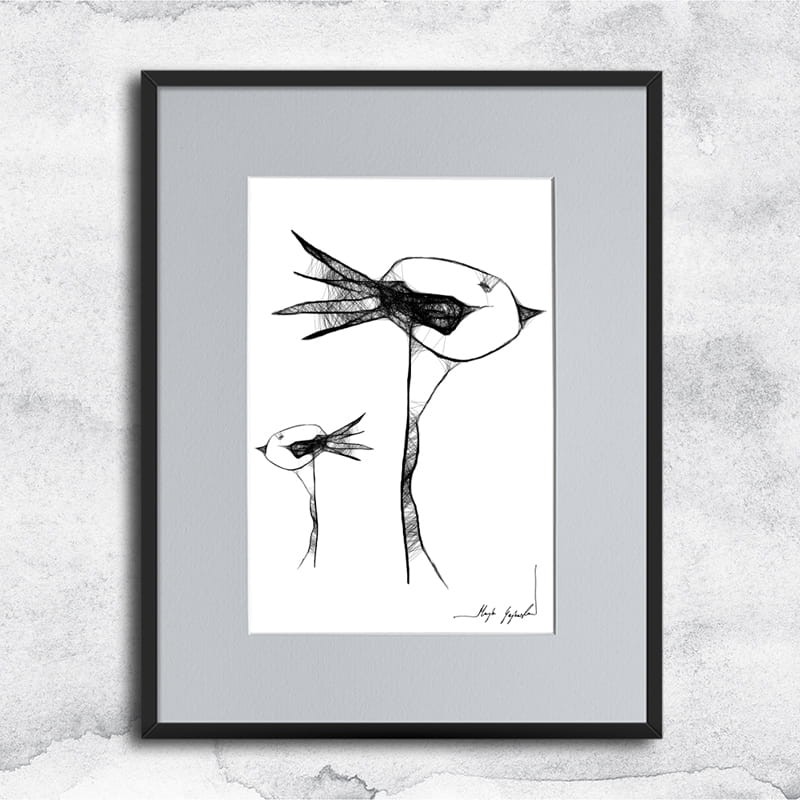 Autorska dziecięca grafika nr 18 szalone ptaszki, oprawiona w czarną, aluminową ramę i grafitowe passe partout