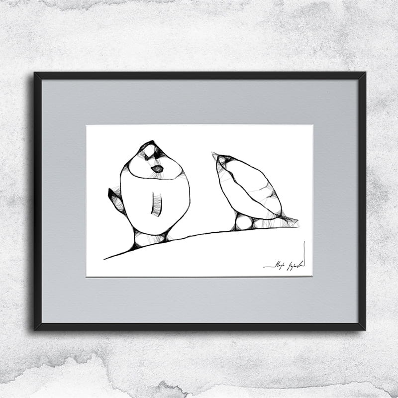 Autorska dziecięca grafika nr 17 obrażone ptaszki, oprawiona w czarną, aluminową ramę i grafitowe passe partout