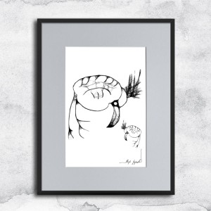 Autorska dziecięca grafika nr 33 - ptaszki, oprawiona w czarną, aluminową ramę i grafitowe passe partout