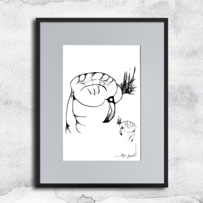 Autorska dziecięca grafika nr 33 - ptaszki, oprawiona w czarną, aluminową ramę i grafitowe passe partout