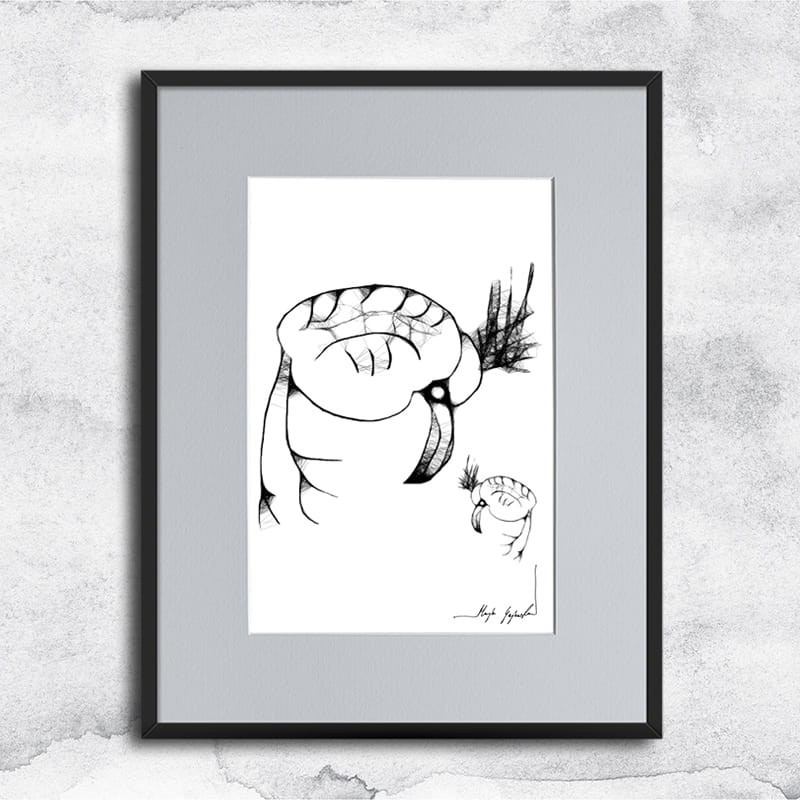 Autorska dziecięca grafika nr 33 - ptaszki, oprawiona w czarną, aluminową ramę i grafitowe passe partout