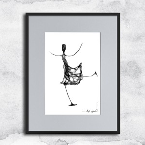 Autorska minimalistyczna grafika nr 121 łyżwiarka, oprawiona w czarną, aluminową ramę i grafitowe passe partout