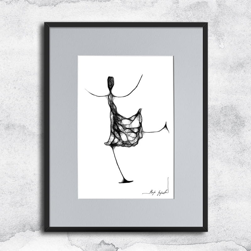 Autorska minimalistyczna grafika nr 121 łyżwiarka, oprawiona w czarną, aluminową ramę i grafitowe passe partout
