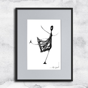 Autorska minimalistyczna grafika nr 120 łyżwiarka, oprawiona w czarną, aluminową ramę i grafitowe passe partout