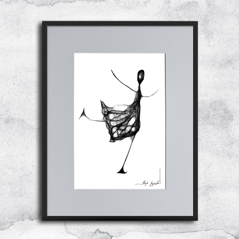 Autorska minimalistyczna grafika nr 120 łyżwiarka, oprawiona w czarną, aluminową ramę i grafitowe passe partout