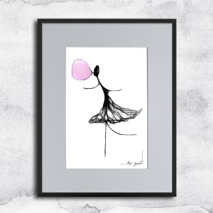 Autorska minimalistyczna grafika nr 119 guma balonowa, oprawiona w czarną, aluminową ramę i grafitowe passe partout