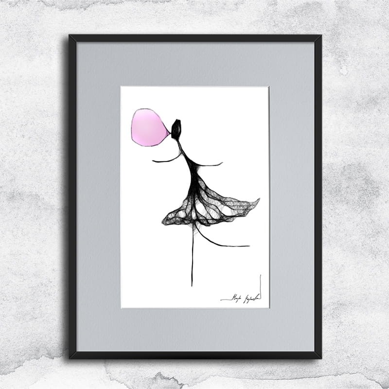 Autorska minimalistyczna grafika nr 119 guma balonowa, oprawiona w czarną, aluminową ramę i grafitowe passe partout