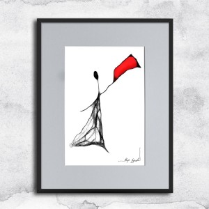 Autorska kobieca grafika nr 99, oprawiona w czarną, aluminową ramę i grafitowe passe partout, kobieta z apaszką