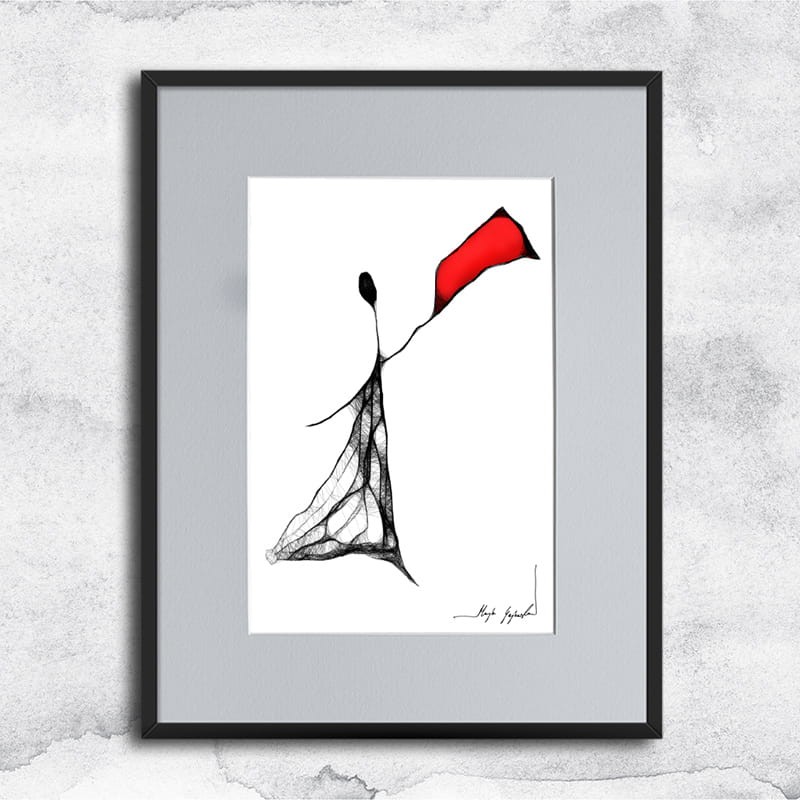 Autorska kobieca grafika nr 99, oprawiona w czarną, aluminową ramę i grafitowe passe partout, kobieta z apaszką