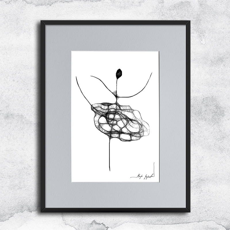 kobieca grafika nr 91 - tancerka, oprawiona w czarną, aluminową ramę i grafitowe passe partout