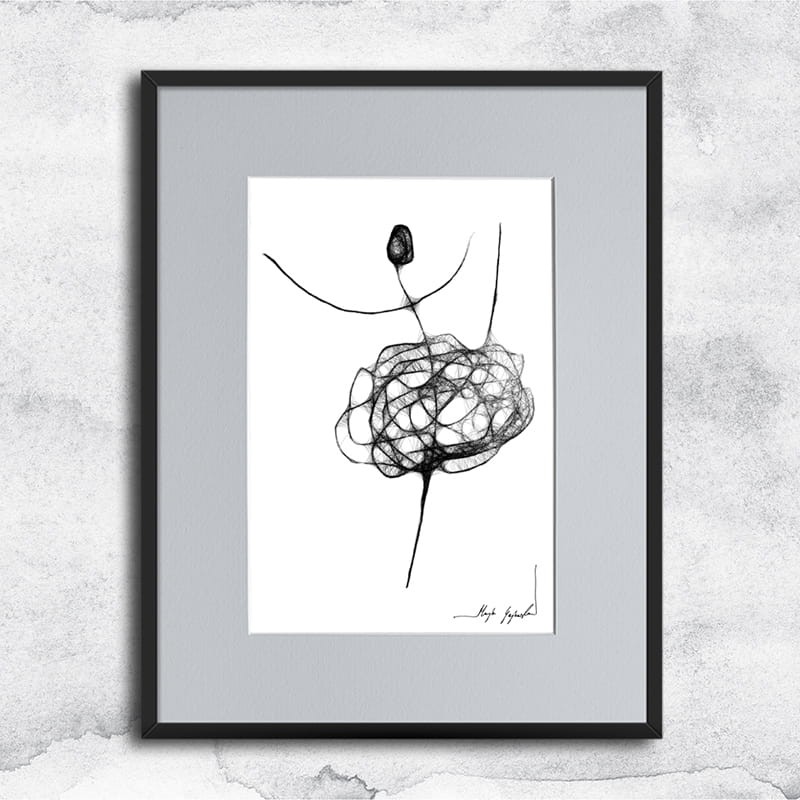 kobieca grafika nr 90 - tancerka, oprawiona w czarną, aluminową ramę i grafitowe passe partout