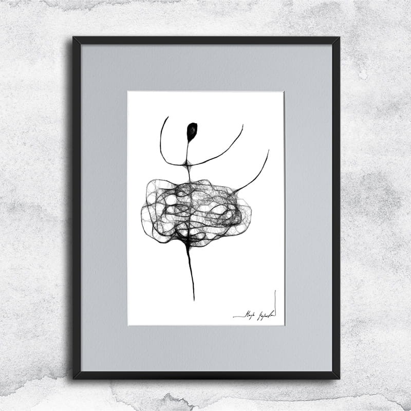 kobieca grafika nr 89 - tancerka, oprawiona w czarną, aluminową ramę i grafitowe passe partout