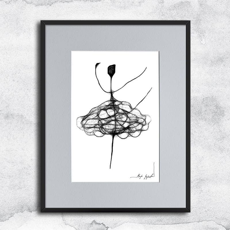 kobieca grafika nr 88 - tancerka, oprawiona w czarną, aluminową ramę i grafitowe passe partout