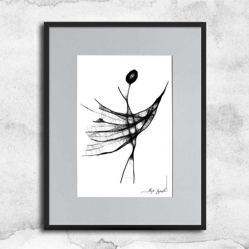 kobieca grafika nr 83 - abstrakcyjna postać, oprawiona w czarną, aluminową ramę i grafitowe passe partout