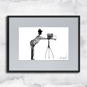 minimalistyczna grafika nr 79 - filmowiec, oprawiona w czarną, aluminową ramę i grafitowe passe partout