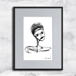 minimalistyczna grafika nr 56 - autoportret, oprawiona w czarną, aluminową ramę i grafitowe passe partout