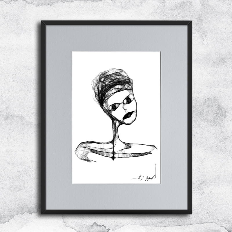 minimalistyczna grafika nr 56 - autoportret, oprawiona w czarną, aluminową ramę i grafitowe passe partout