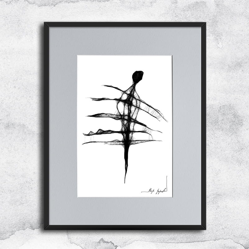 minimalistyczna grafika nr 48 - postać, oprawiona w czarną, aluminową ramę i grafitowe passe partout