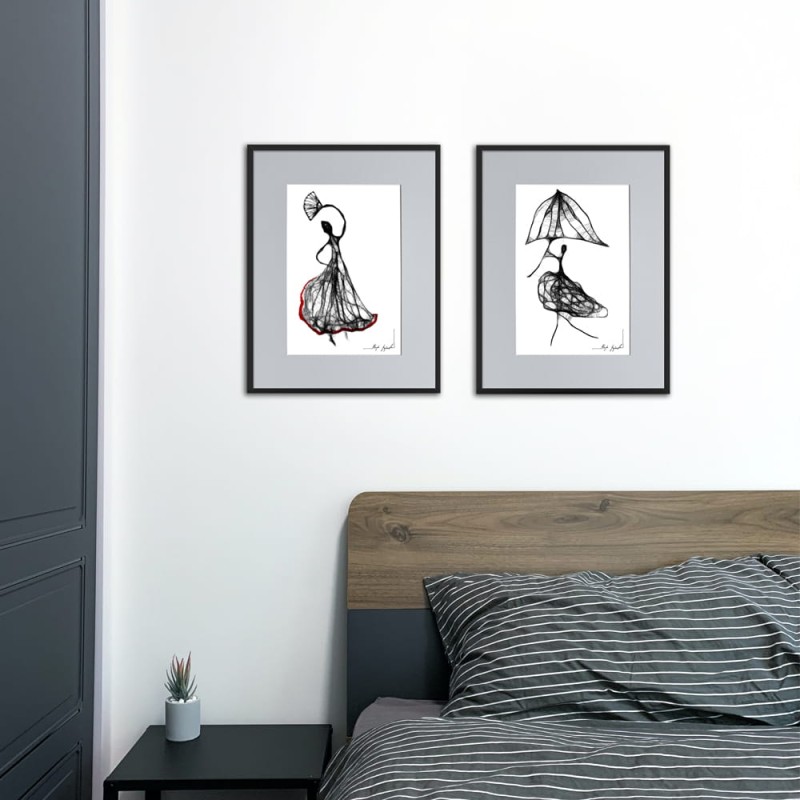 Autorska grafika nr 140 - Flamenco - na ścianie w sypialni