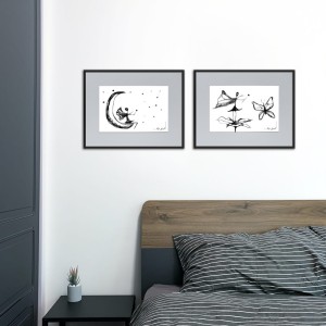 Autorska czarnobiała grafika - nr 116 - wróżka na księżycu, do pokoju dziecka
