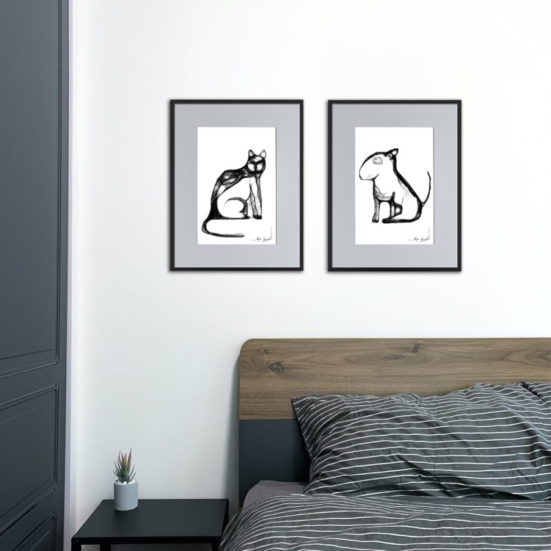 Autorska grafika nr 109 - Bulterier, oprawiona w czarną, aluminową ramę i grafitowe passe partout, dla miłośników psów