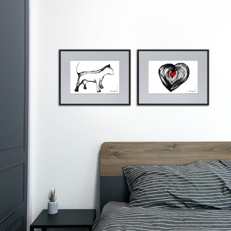 Autorska grafika nr 108 - Bulterier, oprawiona w czarną, aluminową ramę i grafitowe passe partout, dla miłośników psów