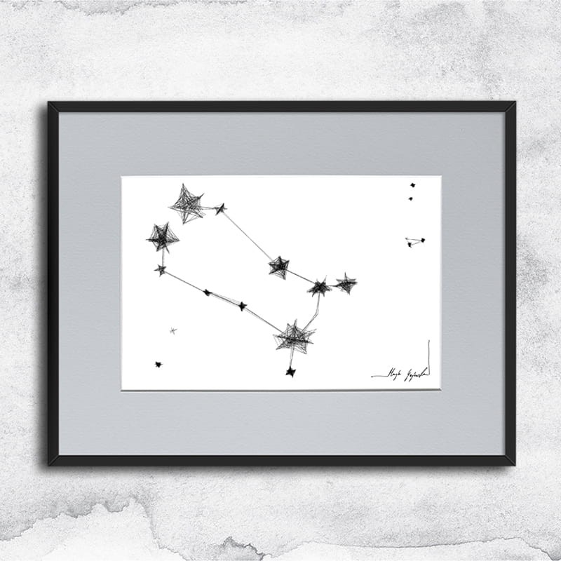 Autorska grafika nr 156 - Bliźnięta - czarnobiała grafika ze znakami zodiaku