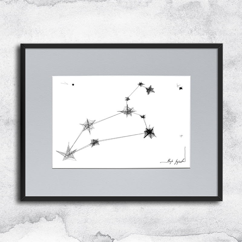 Autorska grafika nr 158 - Lew - czarnobiała grafika ze znakami zodiaku