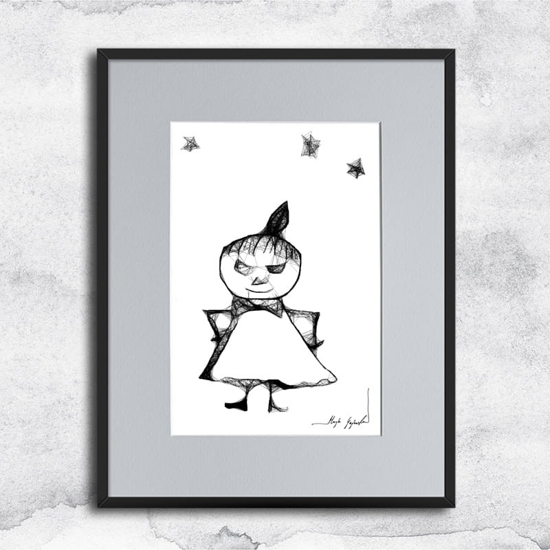 Autorska grafika nr 21 - Mała Mi z Muminków - czarnobiała grafika