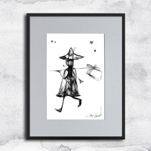 Autorska grafika nr 22 - włóczykij z Muminków - czarno-biała grafika