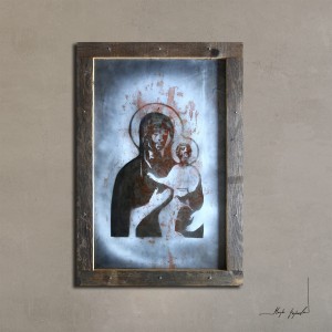 Tradycyjna ikona nr 6 w industrialnej formie na metalowej płycie w autorskiej technice mieszanej z użyciem szablonu typowego dla street artu