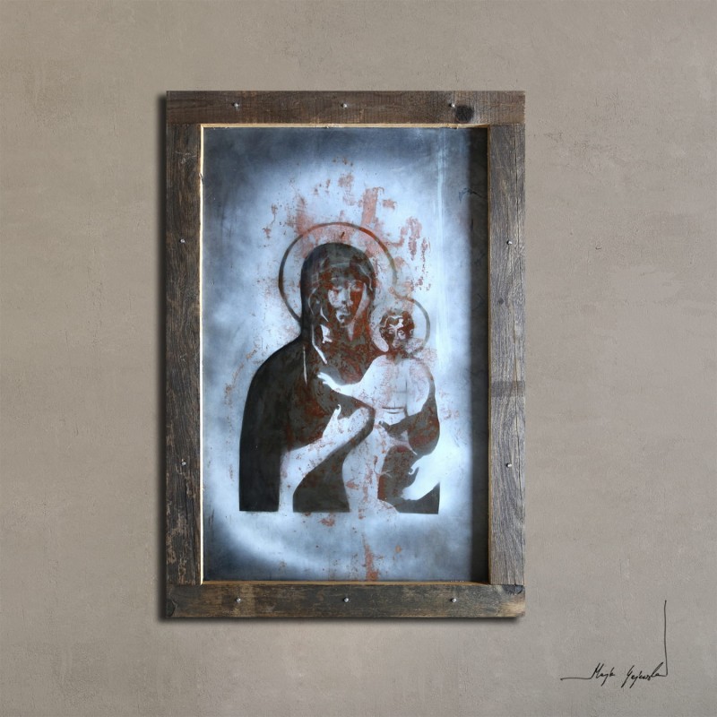 Tradycyjna ikona nr 6 w industrialnej formie na metalowej płycie w autorskiej technice mieszanej z użyciem szablonu typowego dla street artu