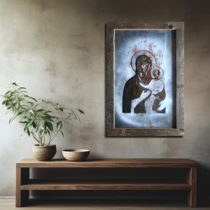 Tradycyjna ikona nr 6 w industrialnej formie na metalowej płycie w autorskiej technice mieszanej z użyciem szablonu typowego dla street artu idealna do salonu
