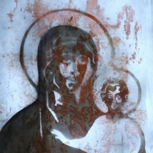 Tradycyjna ikona nr 6 w industrialnej formie na metalowej płycie, detal