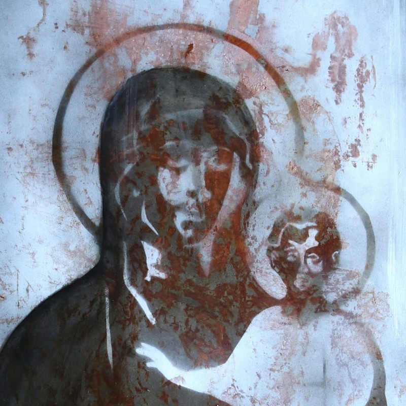 Tradycyjna ikona nr 6 w industrialnej formie na metalowej płycie, detal